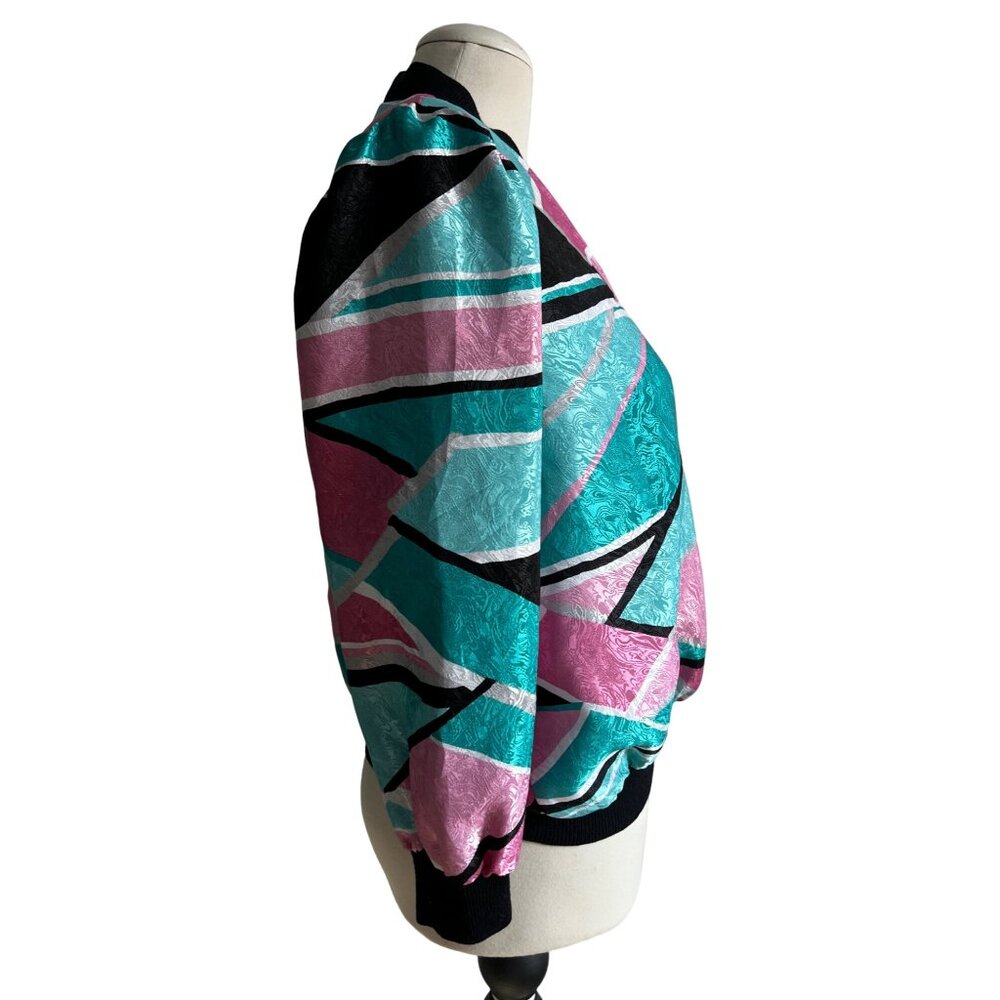 Vintage Anastasia Silky Bright VNeck Blouse Sz Medium Petite Colorful Pink & Bla - Picture 11 of 14